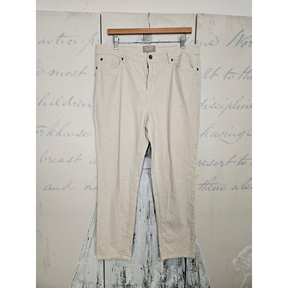 Chico's Fabulously Slimming‎ Ankle Pants 2 Beige White Pinstripe Stretch Denim